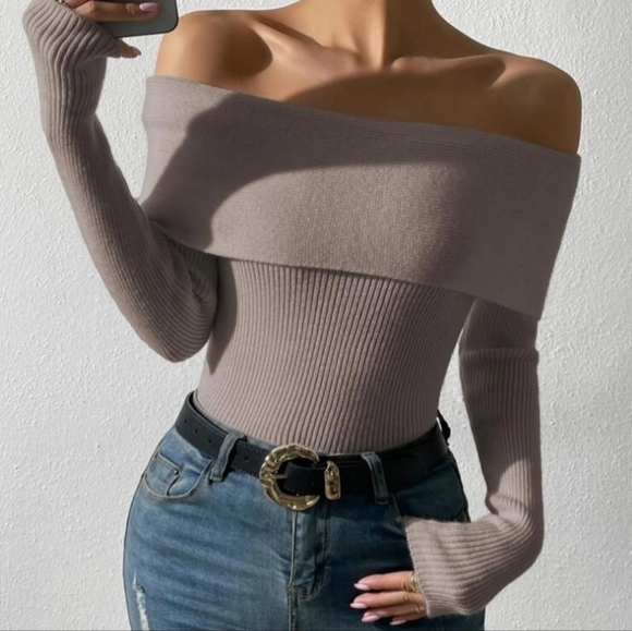 Foldover Off Shoulder Rib-Knit Sweater - Picture 1 of 2